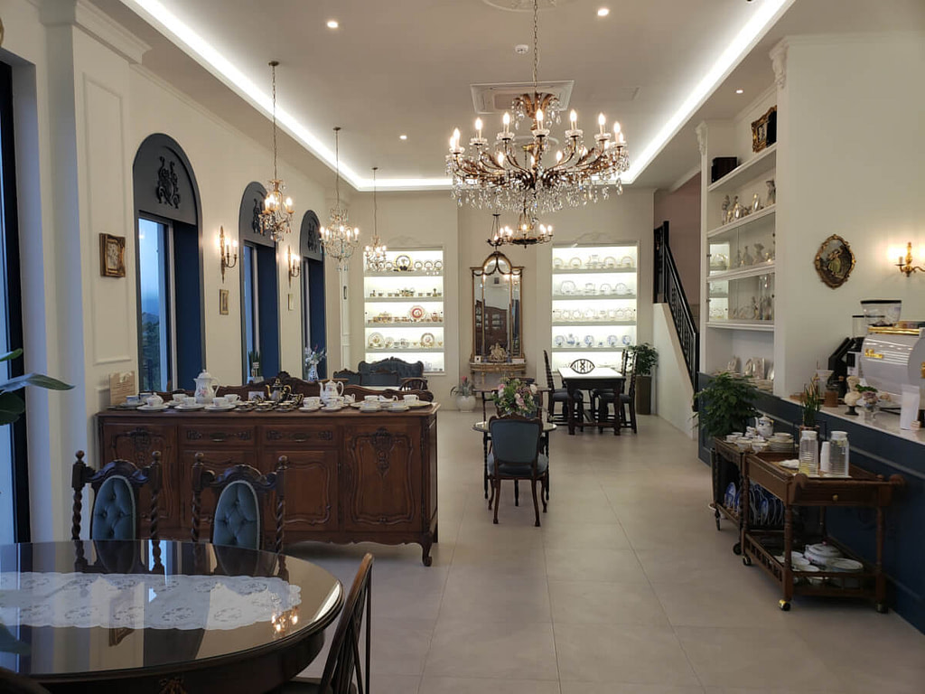 First floor interior of Fortuna Café with elegant décor and chandelier
