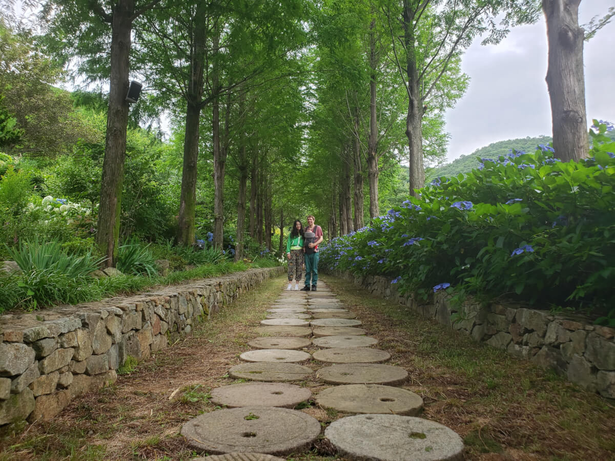 Family standing between rows of trees and flowers