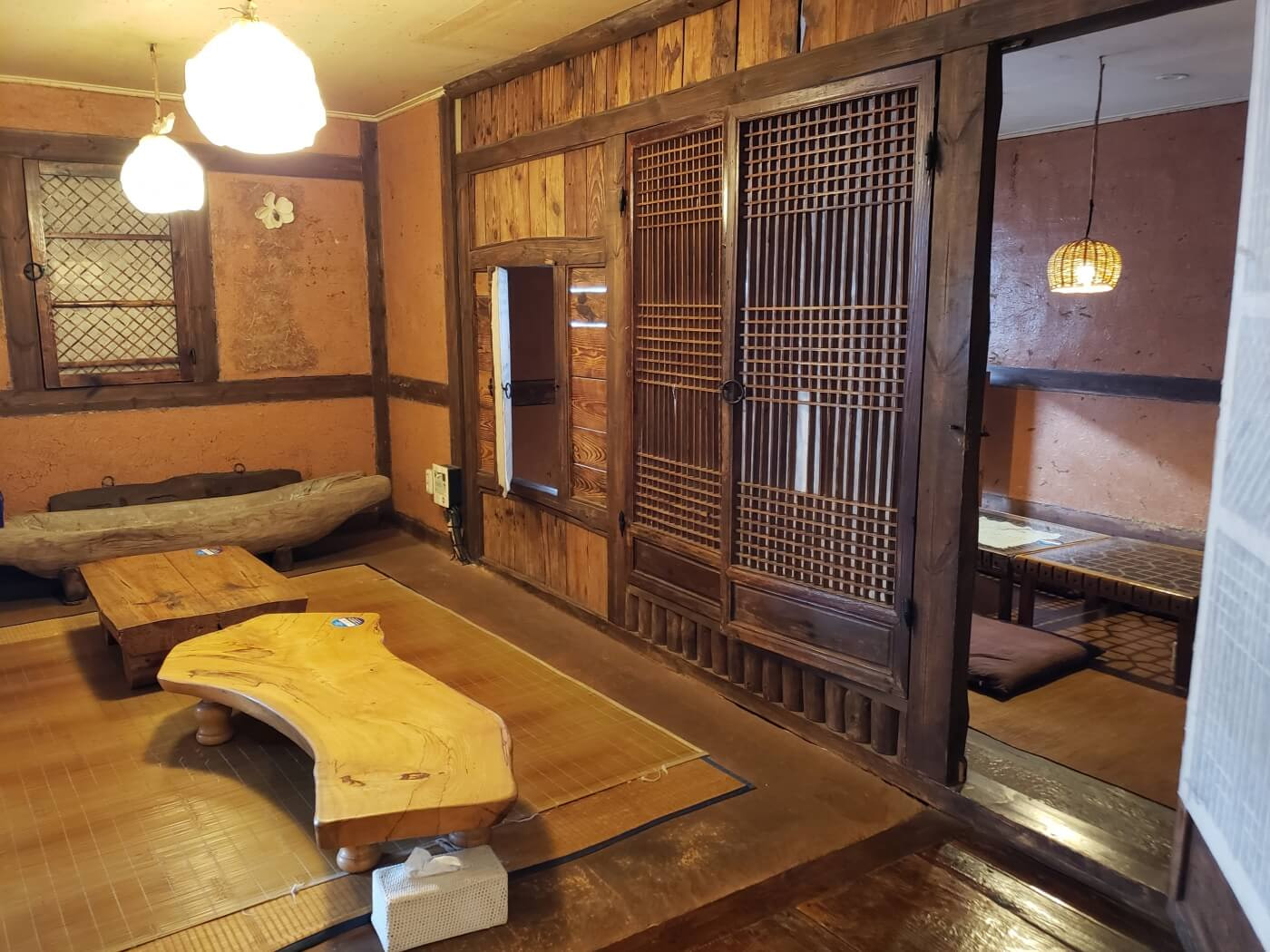Wooden tables in a traditional wooden tea house