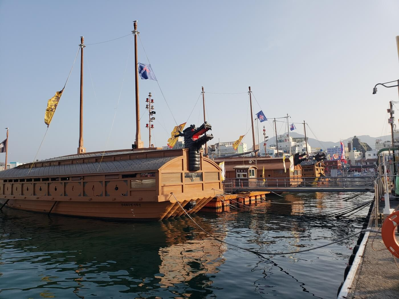 Turtle ships docked in Tongyeong with black dragon heads
