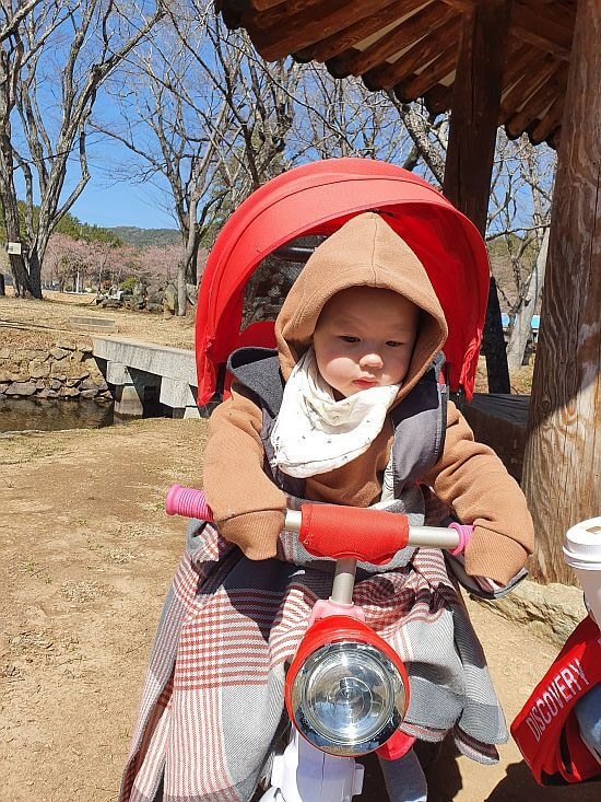 Noah in a stroller bundled up next to a gazebo