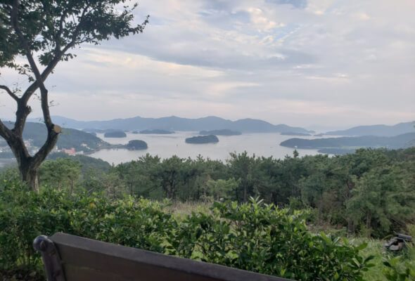 View at top of Namsan Park of islands and mountains