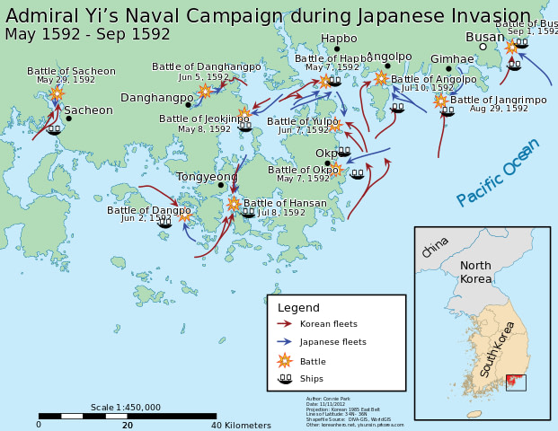 Map of Admiral Yi Sun-sin's naval campaigns in 1592