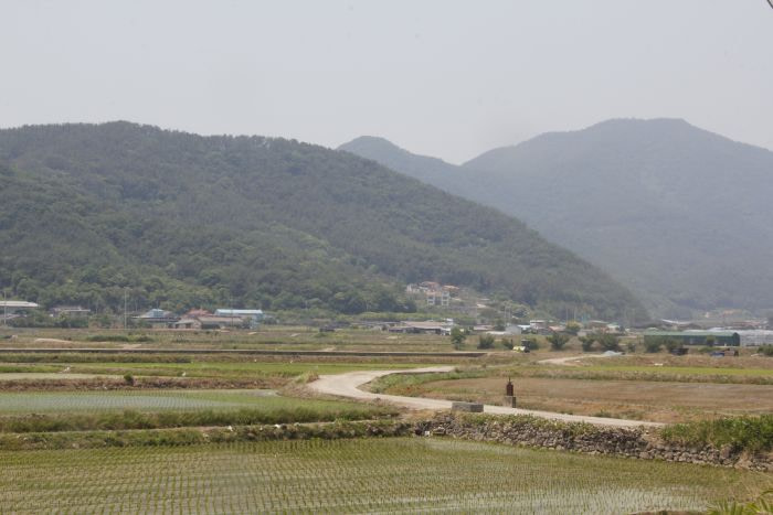 A valve for controlling irrigation to rice fields along a country road in Korea