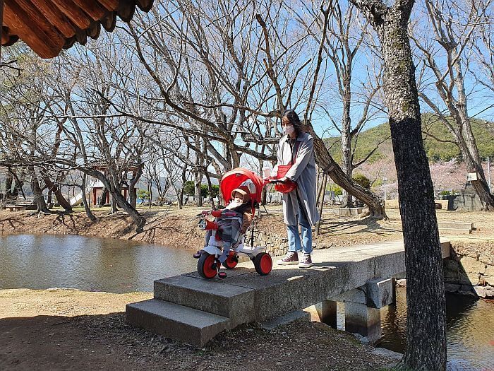 A mother and her baby in a stroller on a bridge across a pond with bare trees