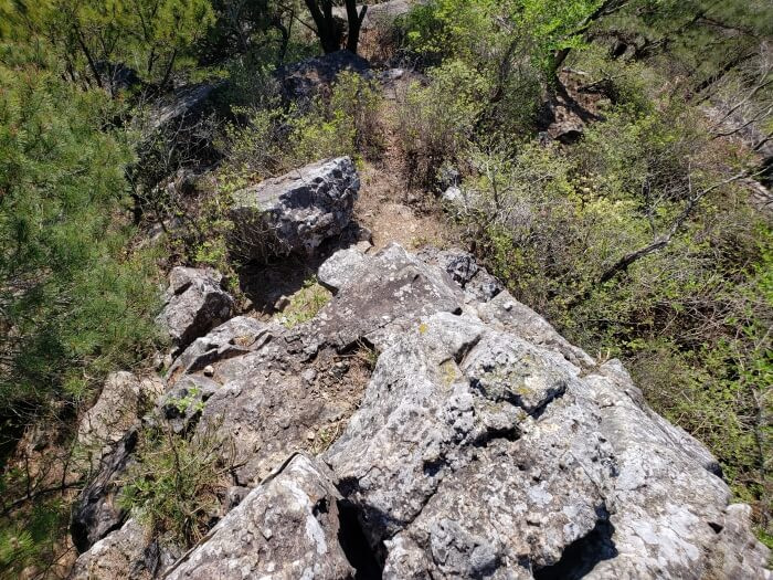 Looking down from a rocky outcrop
