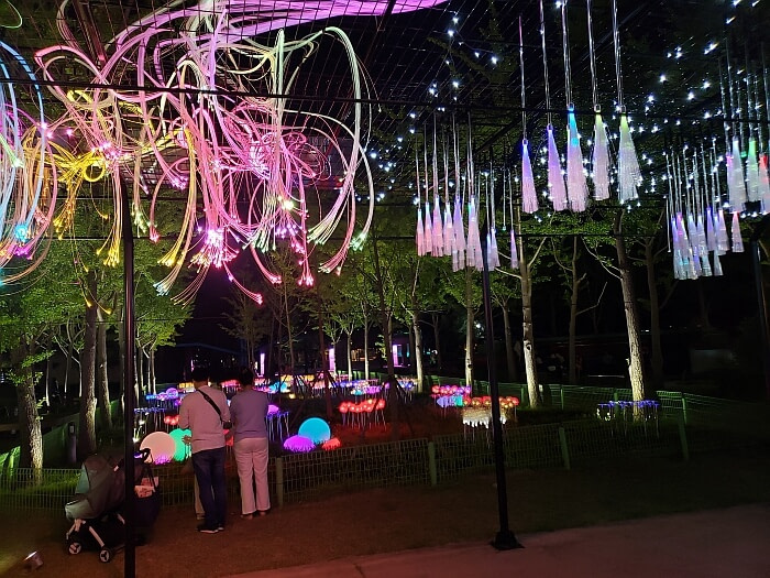 People gather underneath vibrantly colored fiber optic lighting in the park at night