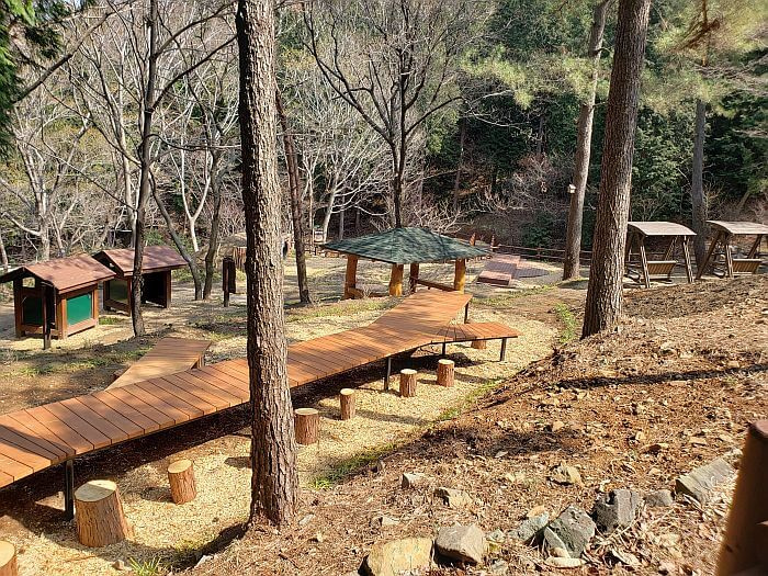 Playground area with a long, wooden table and log stools
