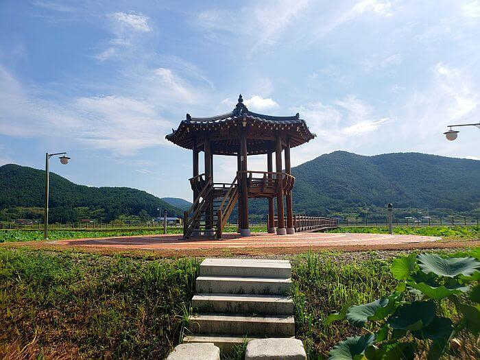 Stone steps leading to area of gazebo