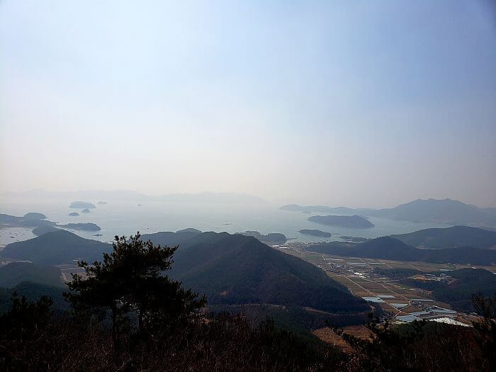 View of islands and other peaks in and around the water