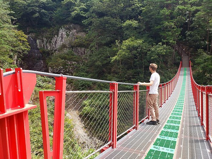 Nate standing on a suspension bridge looking at a waterfall