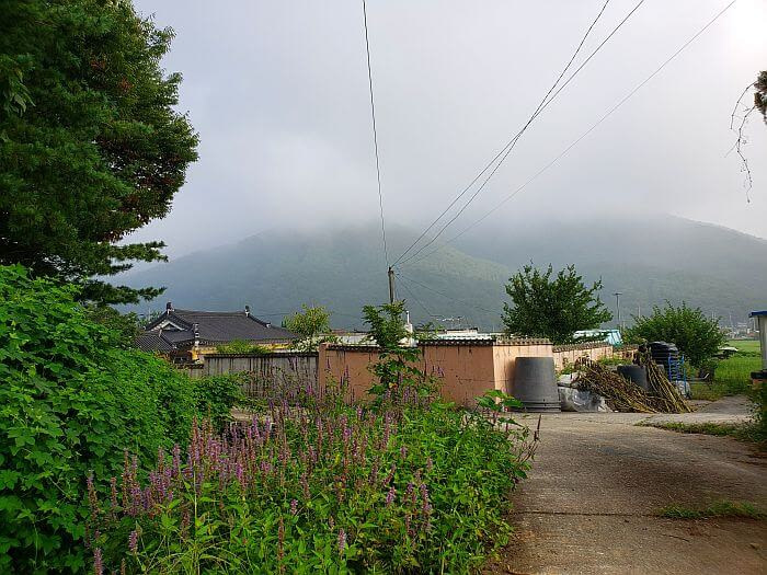 A small village road with misty mountains