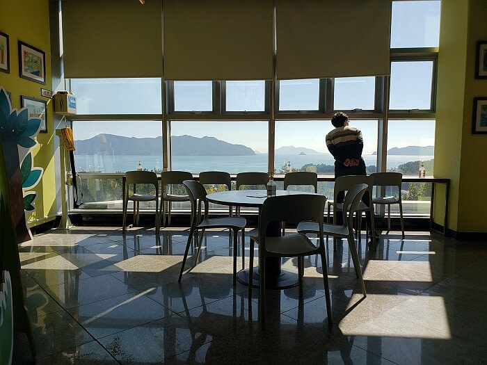 A person in a children's library room looking at the nice view out the window