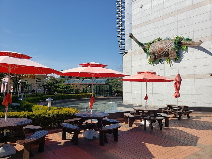 Covered picnic tables outside the Goseong Dinosaur Museum