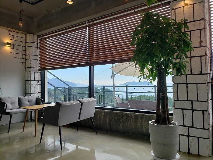 Seating on the second floor of The Wave Café in Goseong with a potted tree and a nice view out the window of the sea
