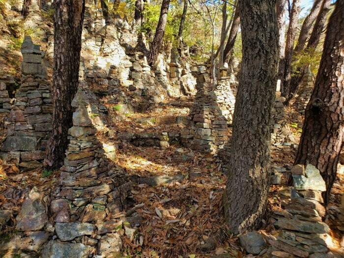 Stacks of rocks along a path through the forest