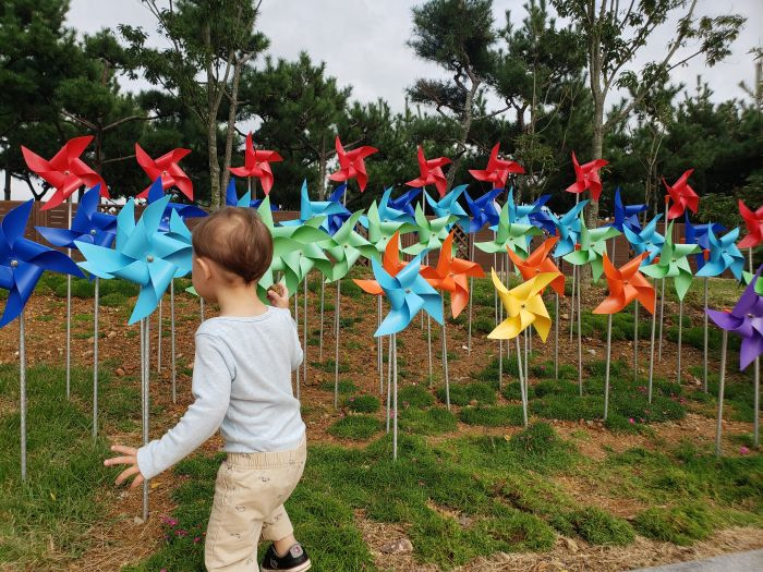A toddler playing with colorful pinwheels in the grass