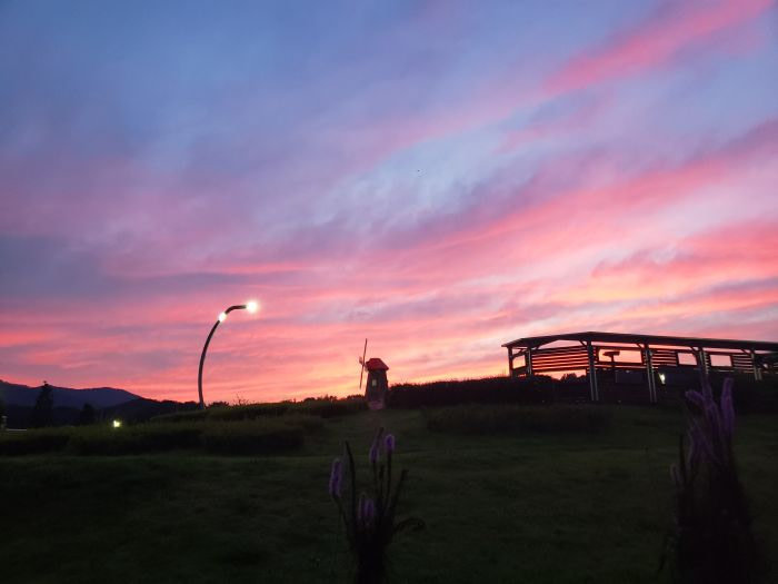 Beautiful pink colors at sunset over the birdwatching deck at Baegse Park in Goseong, Gyeongnam, Korea