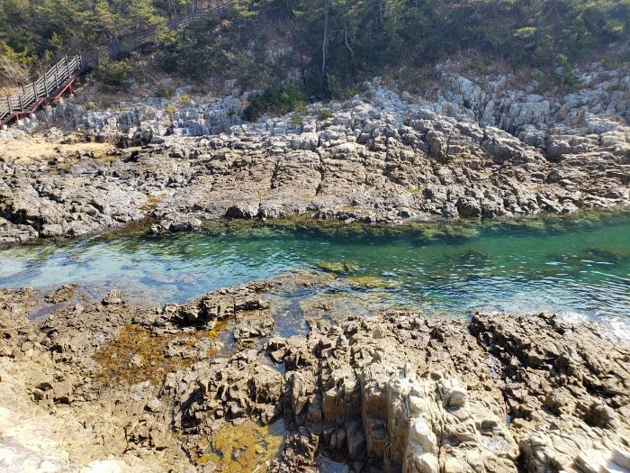 Blue-green water over special rock formations