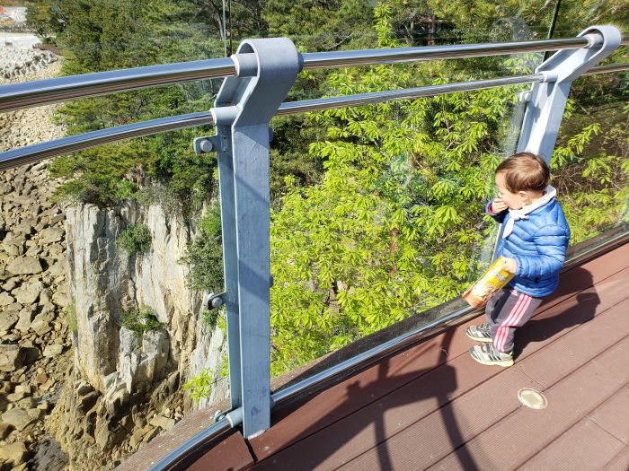 A toddler on an observation deck looking below and rock formations