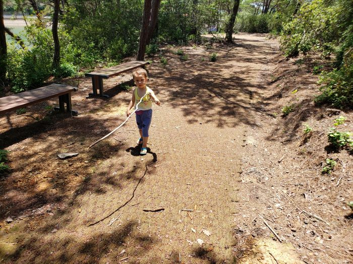 Noah carrying around a big stick on the path