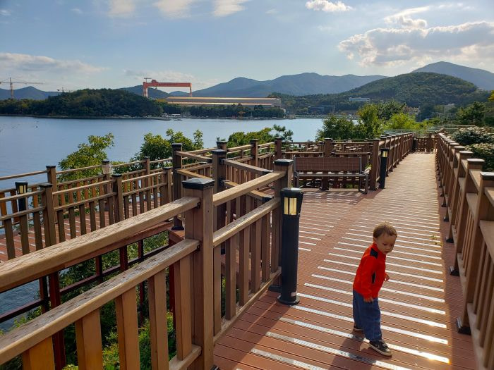 A toddler on a boardwalk looking over his shoulder