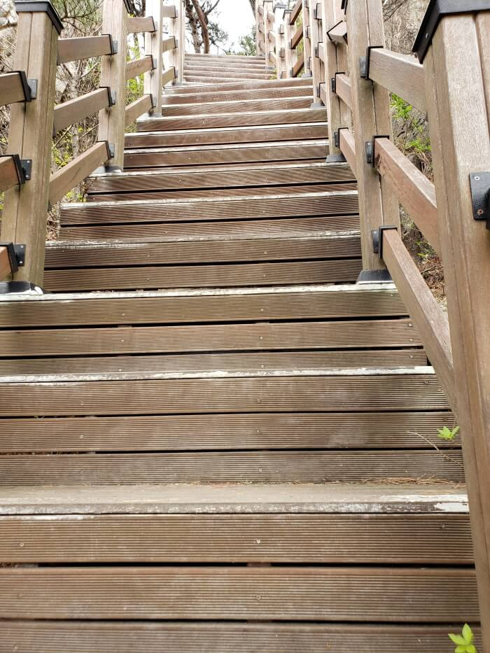 Looking up at a steep set of wooden stairs