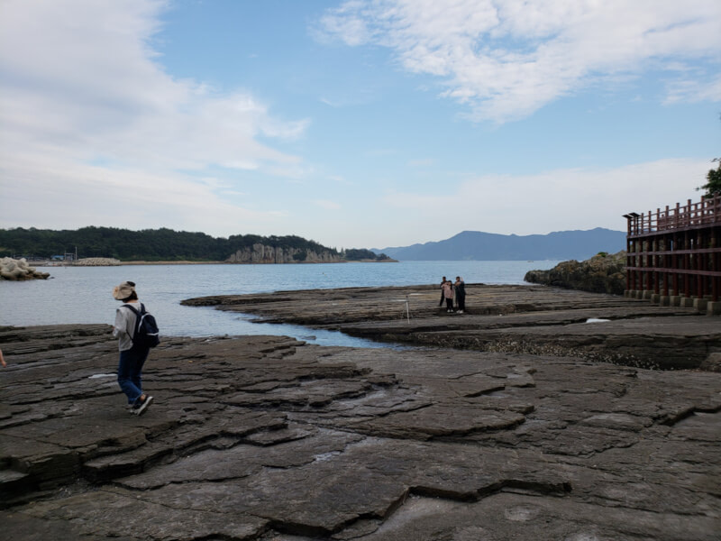 Walking on rock formations along the boardwalk