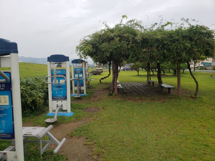 A row of exercise machines in the grass next to a cluster of trees and benches