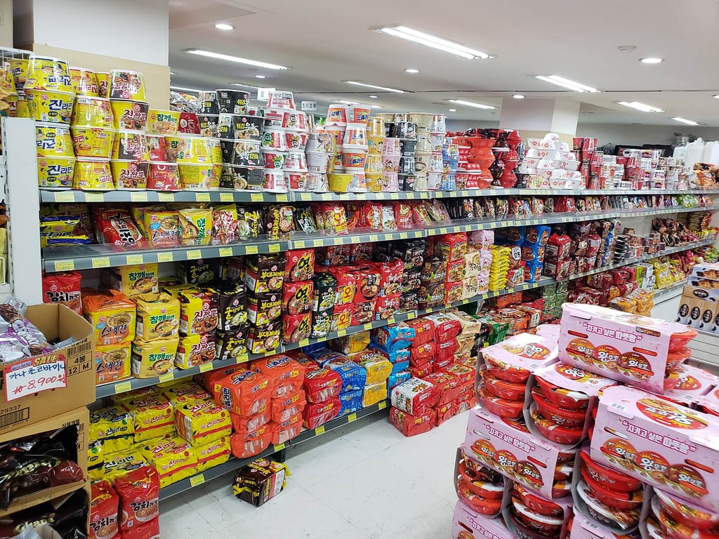 Shelves o instant noodles in a Korean supermarket