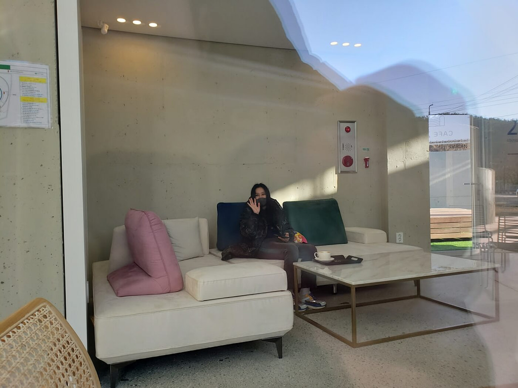 A woman on a sofa waving through the glass in a café