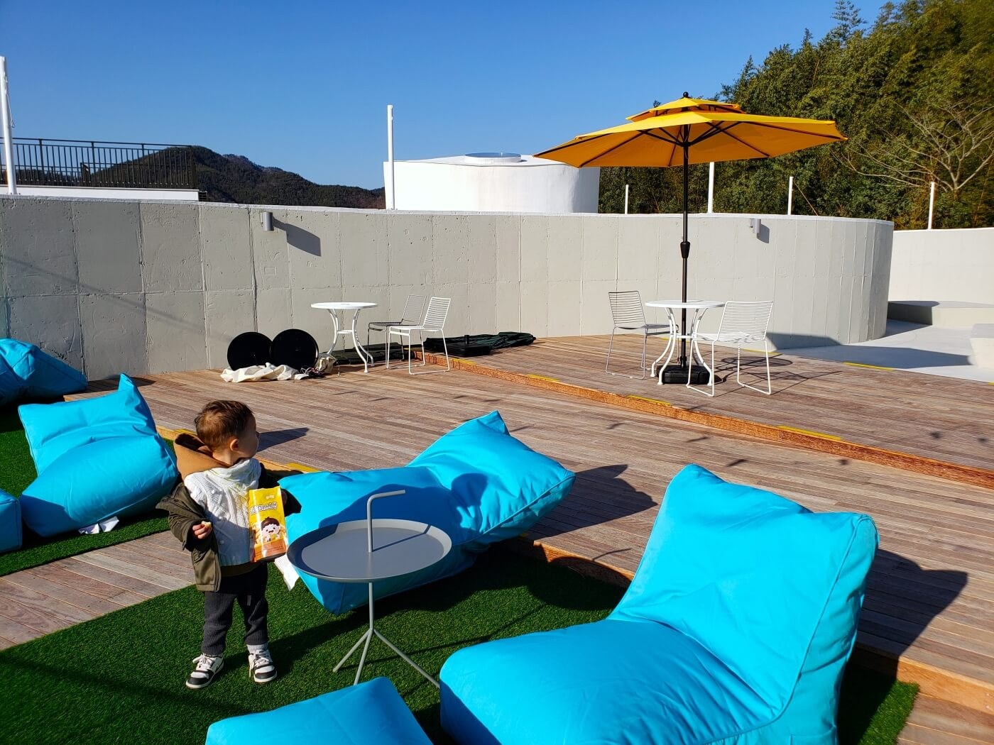 Blue bean bag sacks on a rooftop