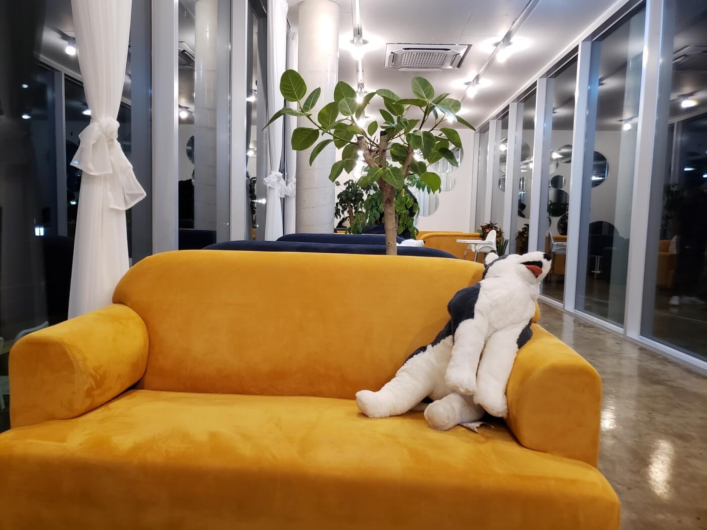 Stuffed animal on a couch in a café