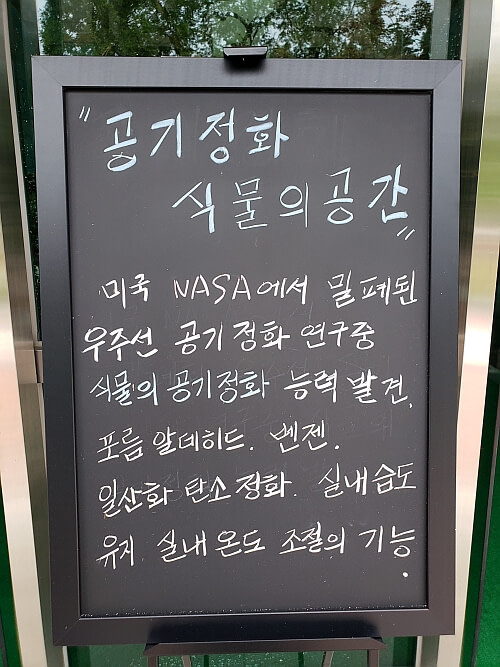 A sign written in chalk describing the ongoing research conducted by NASA at the botanical garden at the Dinosaur Theme Park in Goseong