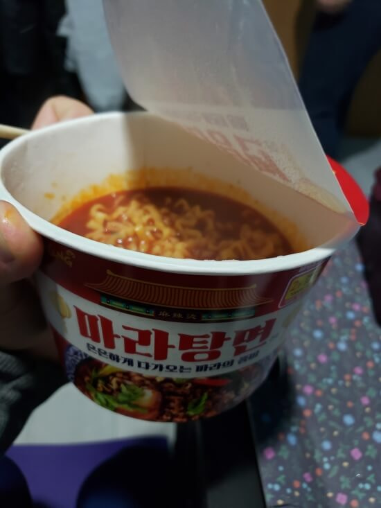 A bowl of cup noodle ramen flavored as spicy Chinese mala tang