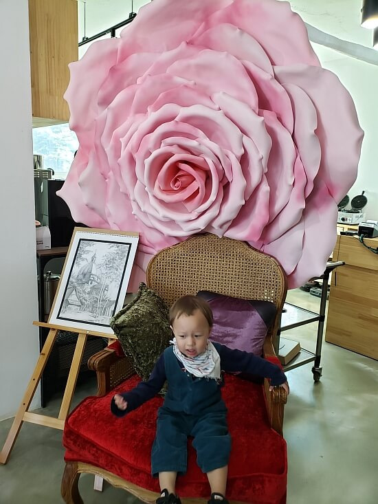 Baby Noah sitting on a velvet chair with a large pink flower decoration