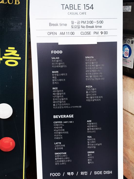 Table 154 menu