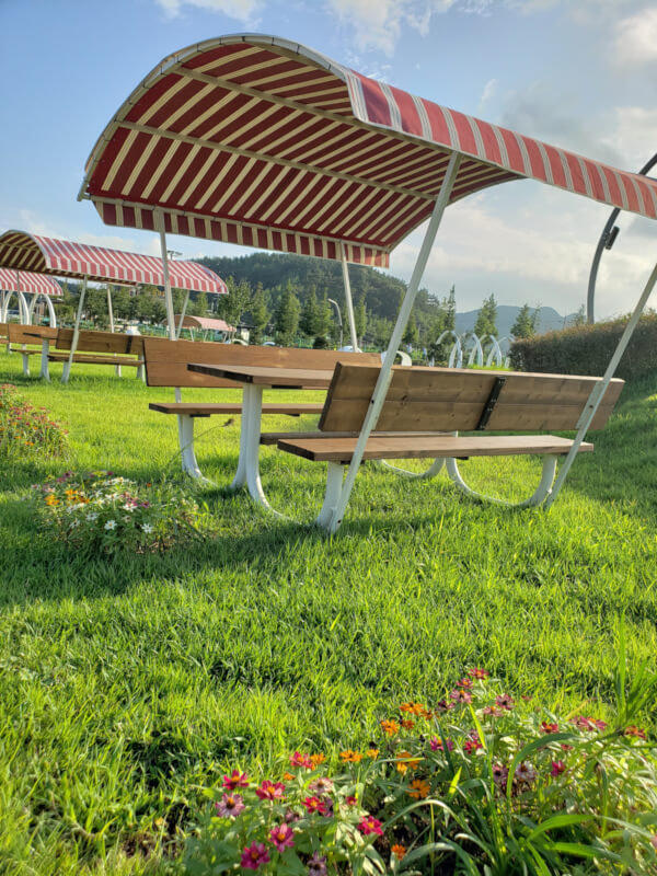 Covered picnic tables in the grassy dinosaur garden with flowers nearby on a sunny day