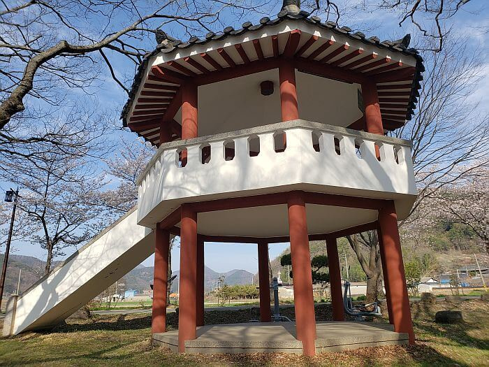 A gazebo next to cherry blossom trees