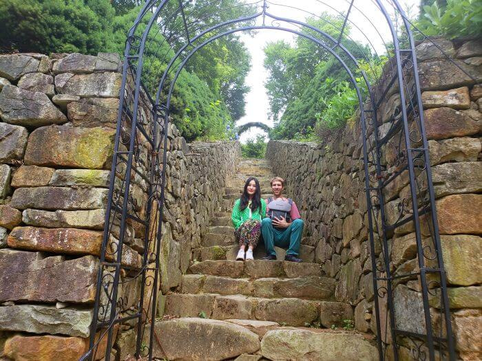 Family sitting together on the stone stairway