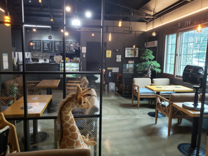 A stuffed giraffe next to some tables with windows along the wall inside the café