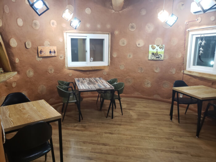 Inside room with tables and chairs