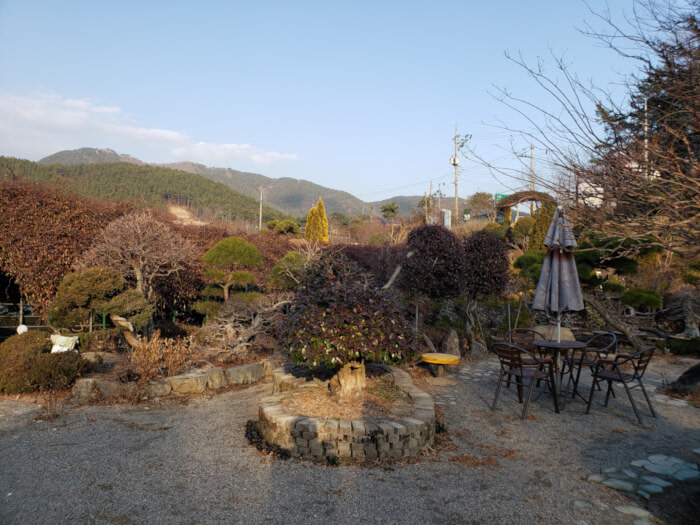 A view of the garden outside in winter with mountains in the background