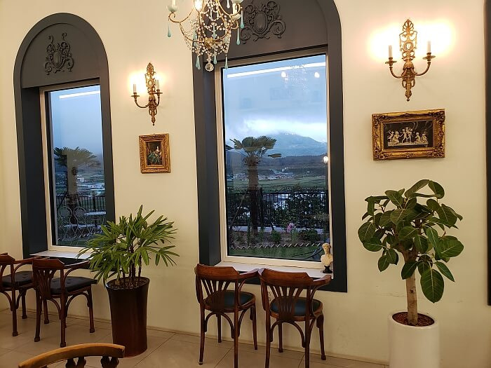 Candlesticks on the wall lit up next to windows with chairs and potted plants