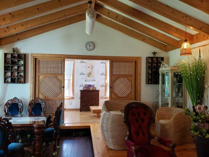 Interior of Daehuijae Café with Western furniture and Asian building style