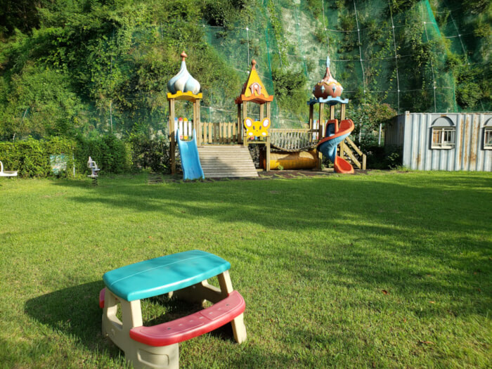 Small playground in a nice green yard on a sunny day