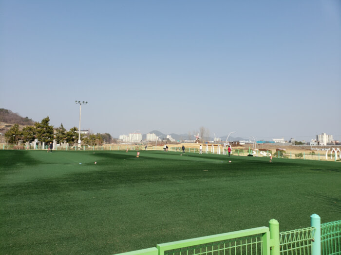 A green turf where some older people are playing a game of gateball
