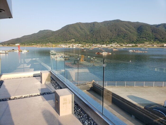 View from third level balcony from behind the glass wall