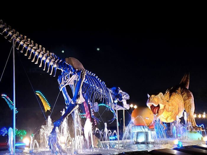 A dinosaur skeleton and one with flesh lit up in a fountain at night