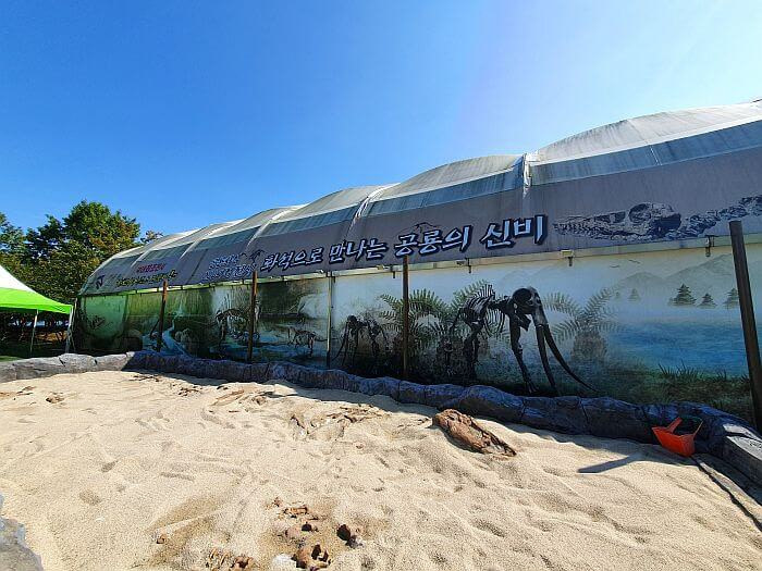 A sand pit with dinosaur items buried